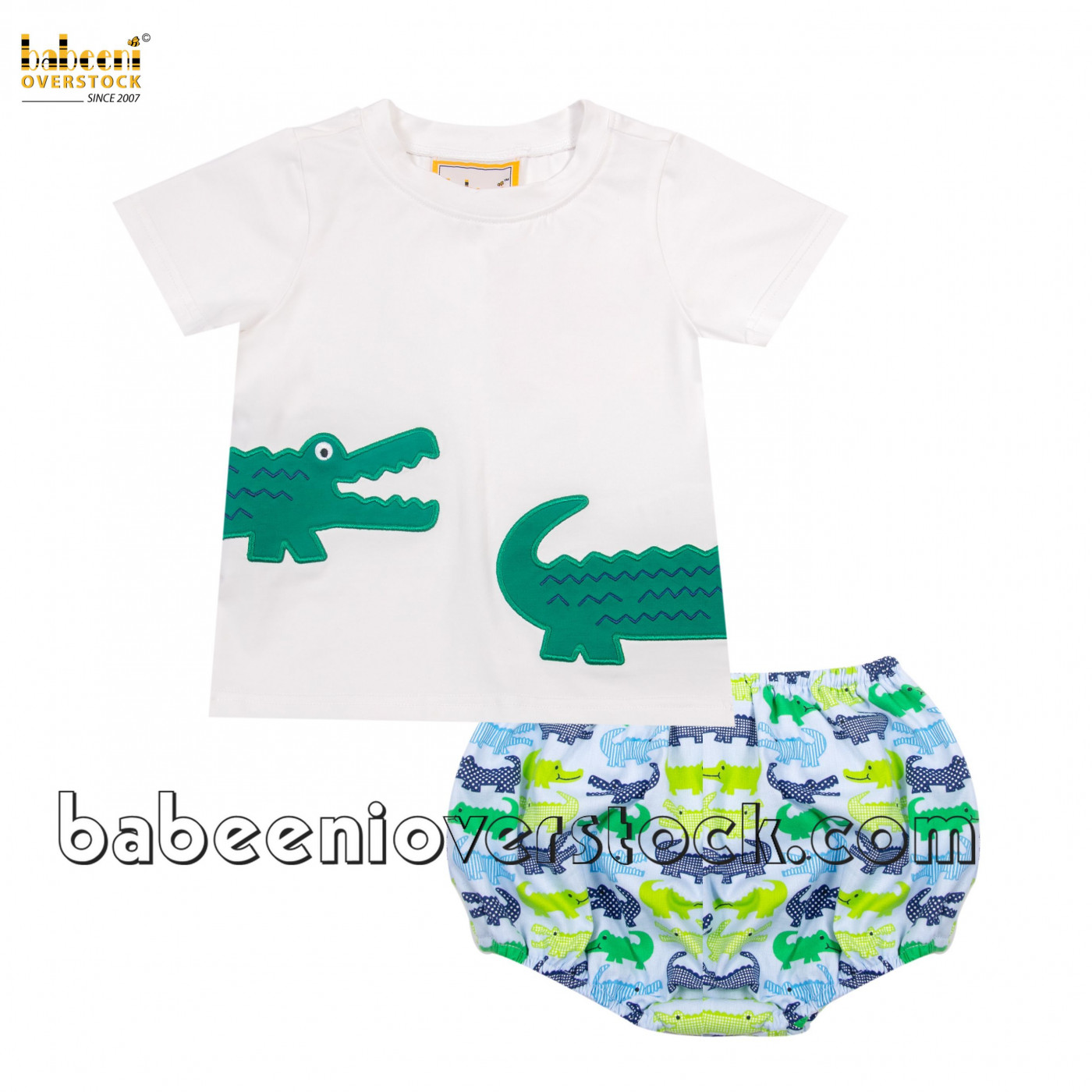 Appliqued crocodile boy set white top and printed bloomer - BB2226